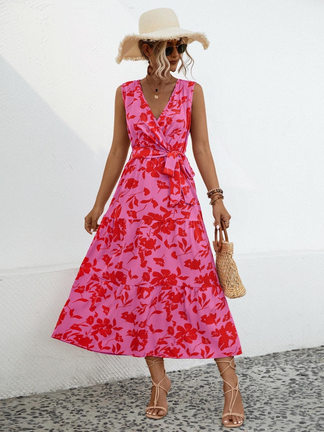 Tied Floral Surplice Tiered Midi Dress - Dresses