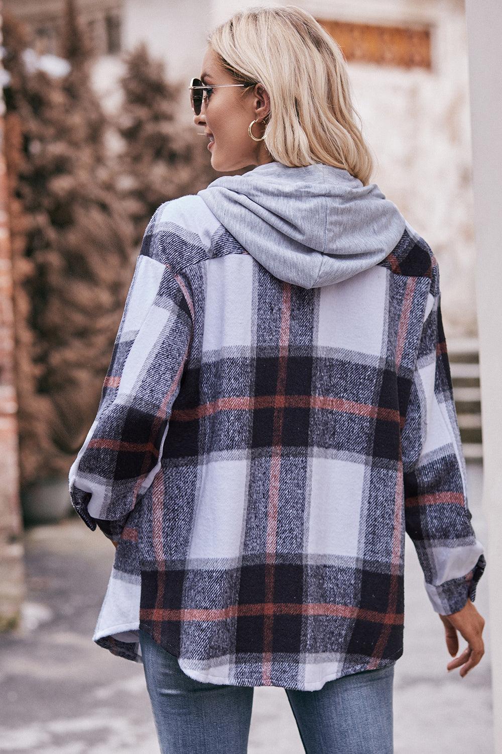 Plaid Dropped Shoulder Hooded Shacket - Jacket