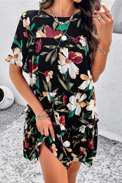 Floral Tiered Round Neck Mini Dress - Dresses