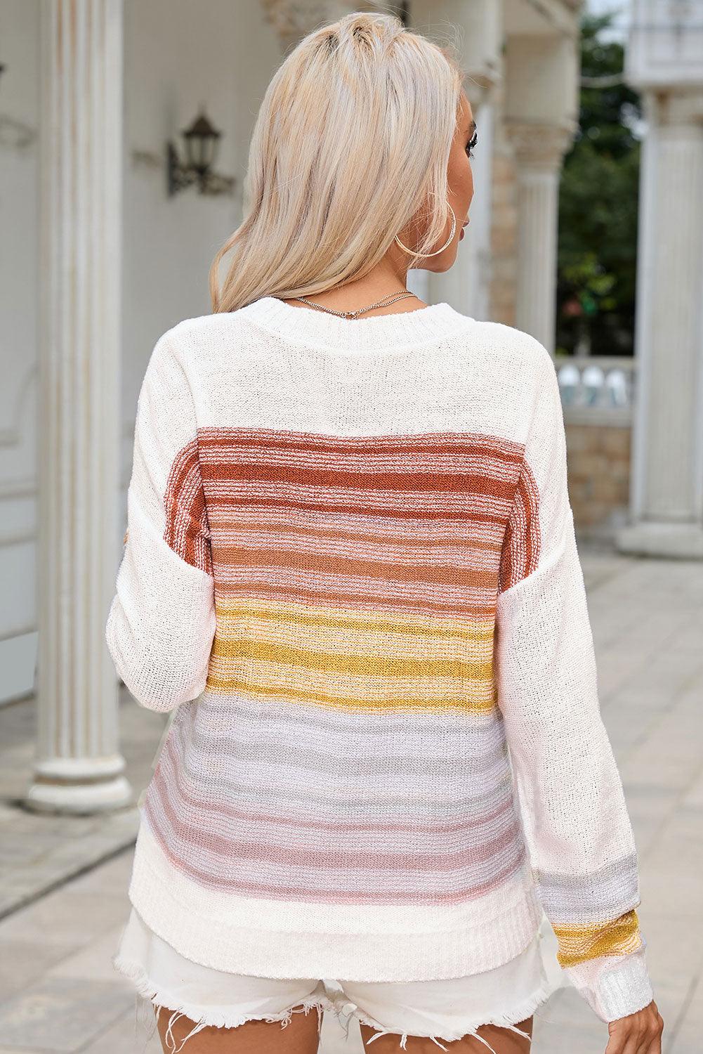 Round Neck Printed Striped Knit Top - Top