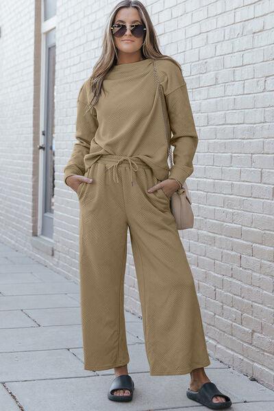 Double Take Textured Top and Wide Legs Pants Set - Pant & Top