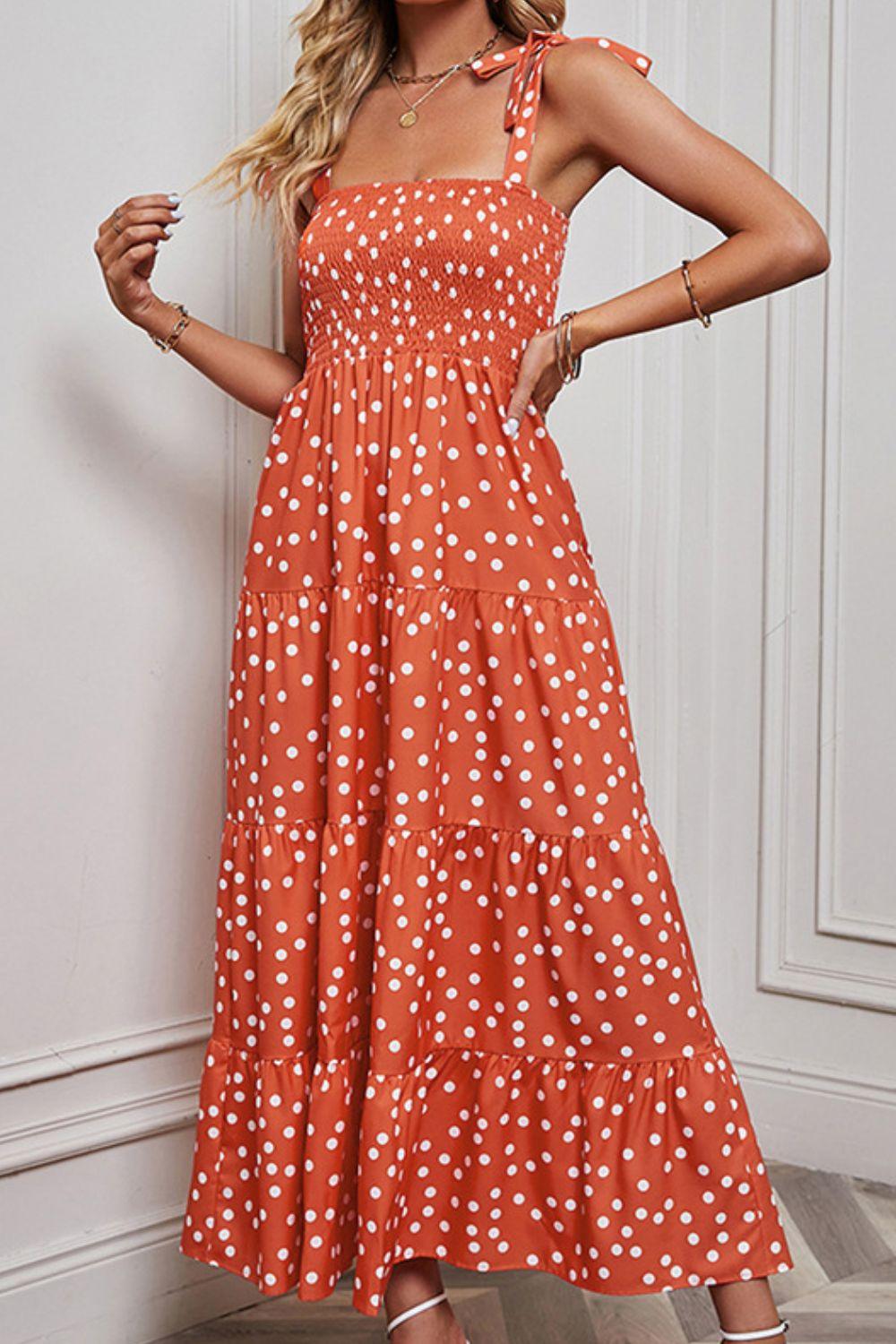 Polka Dot Smocked Tiered Sleeveless Maxi Dress - Dresses