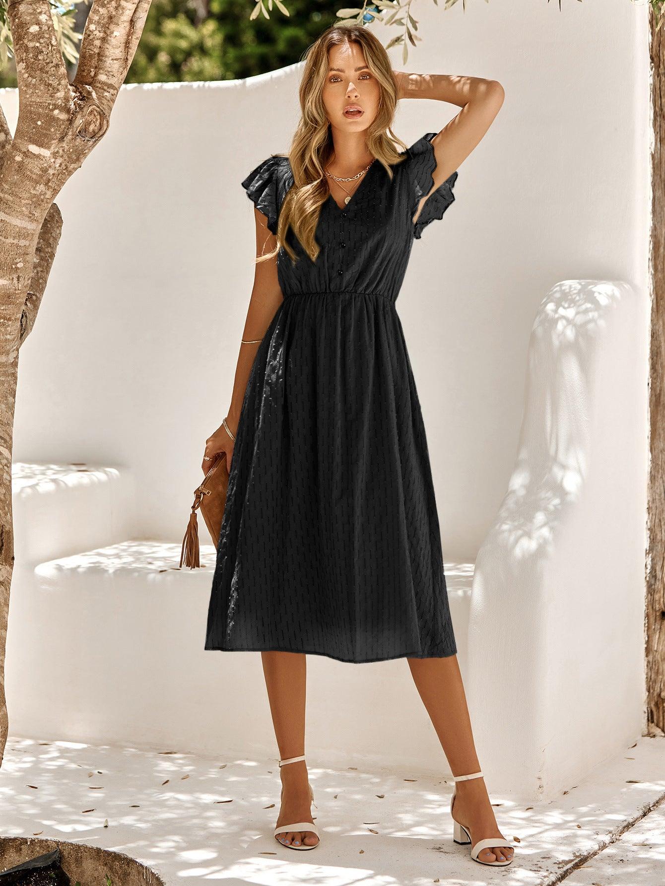 V-Neck Flutter Sleeve Midi Dress - Dresses