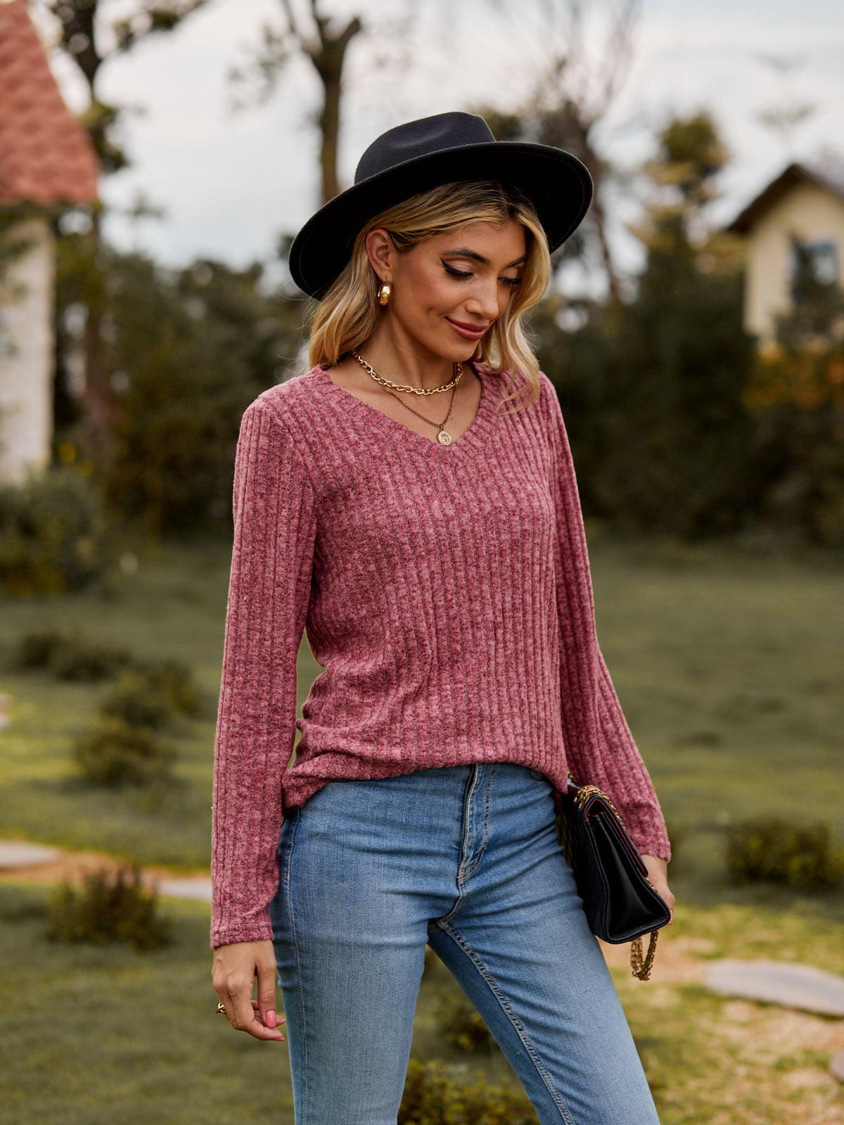 Ribbed V-Neck Long Sleeve Top - Top