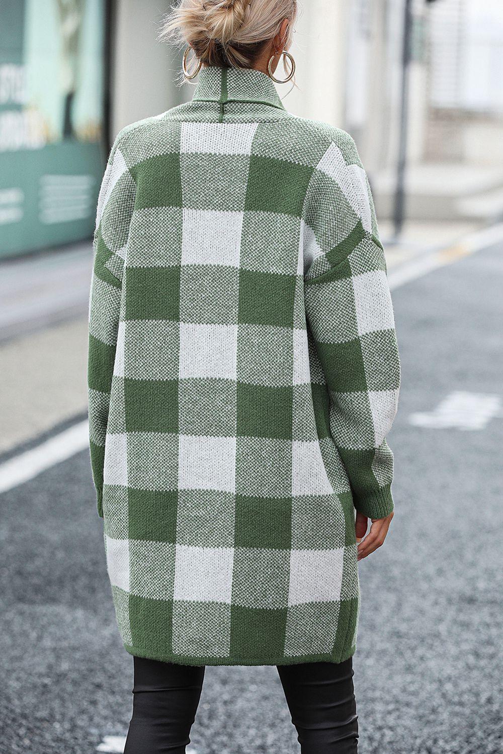 Checkered Open Front Longline Cardigan - Cardigan