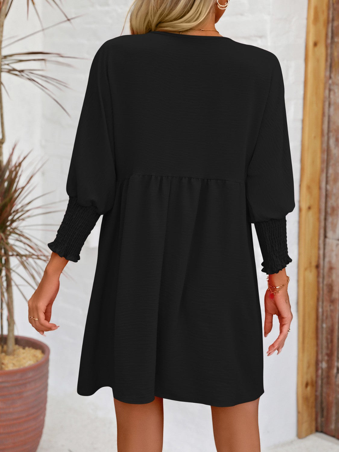 Round Neck Long Lantern Sleeve Mini Dress