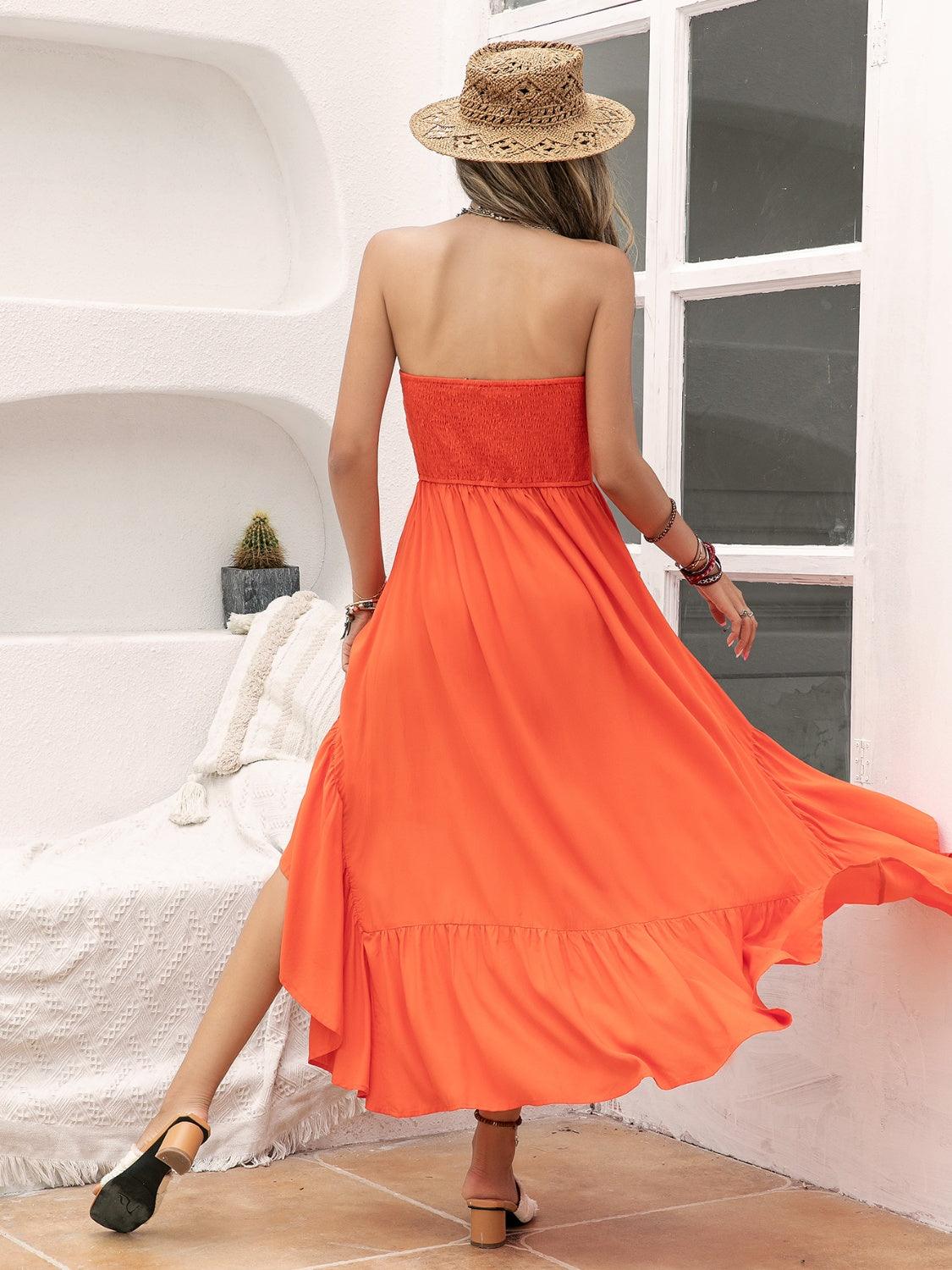 High-Low Ruched Strapless Midi Dress - Dresses