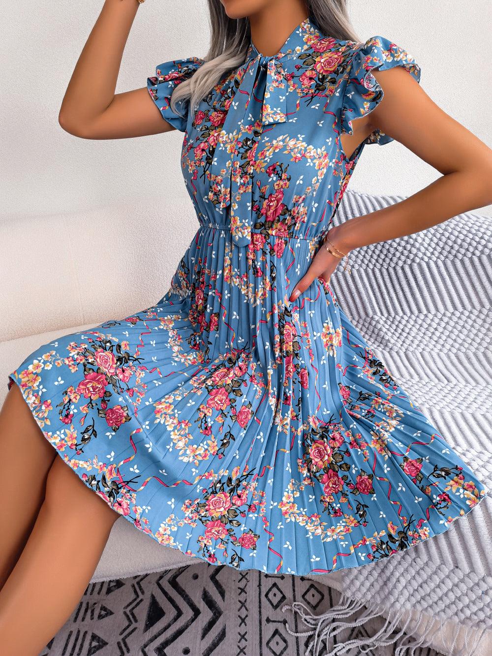 Pleated Floral Printed Tie Neck Knee Length Dress - Dresses