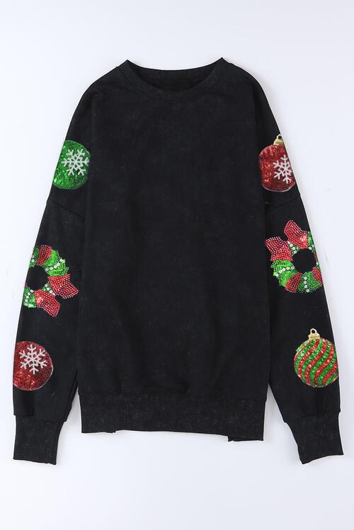 Sequin Christmas Round Neck Slit Sweatshirt - Sweater