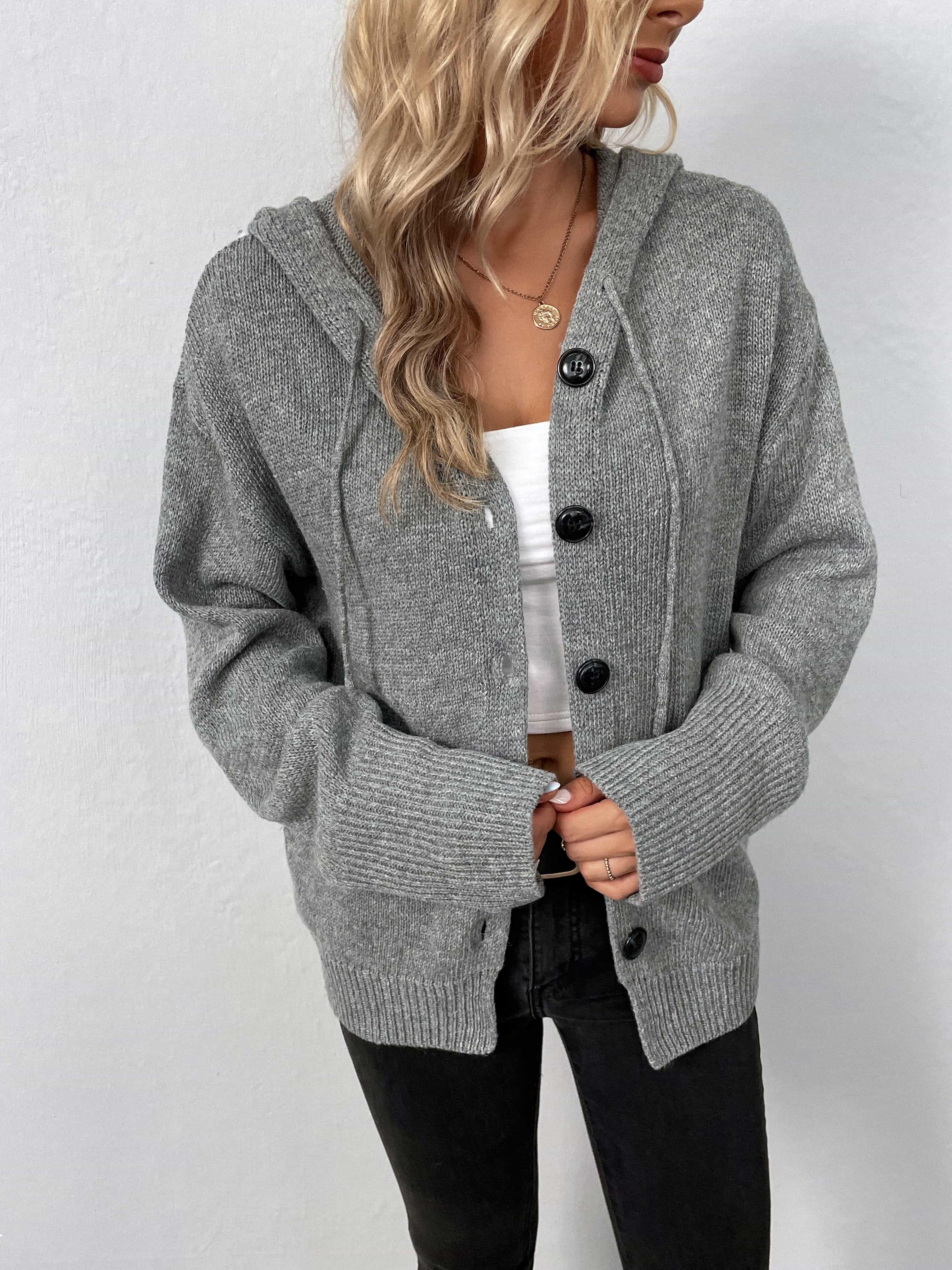 Button-Down Drawstring Long Sleeve Hooded Sweater - Sweater