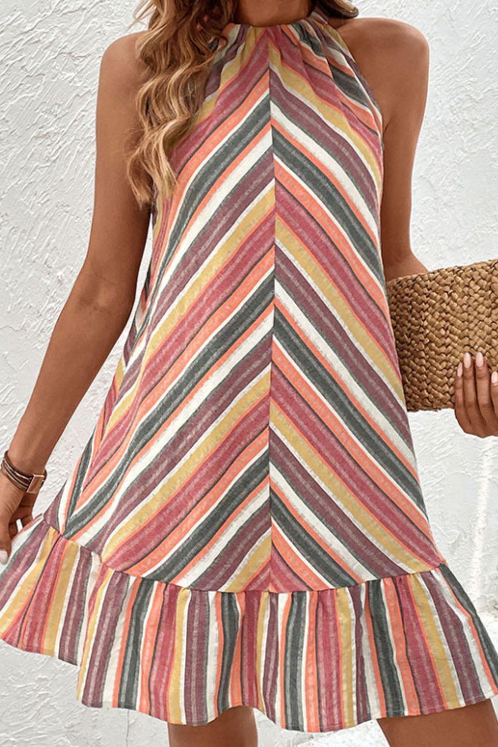 Striped Halter Neck Sleeveless Mini Dress - Dresses