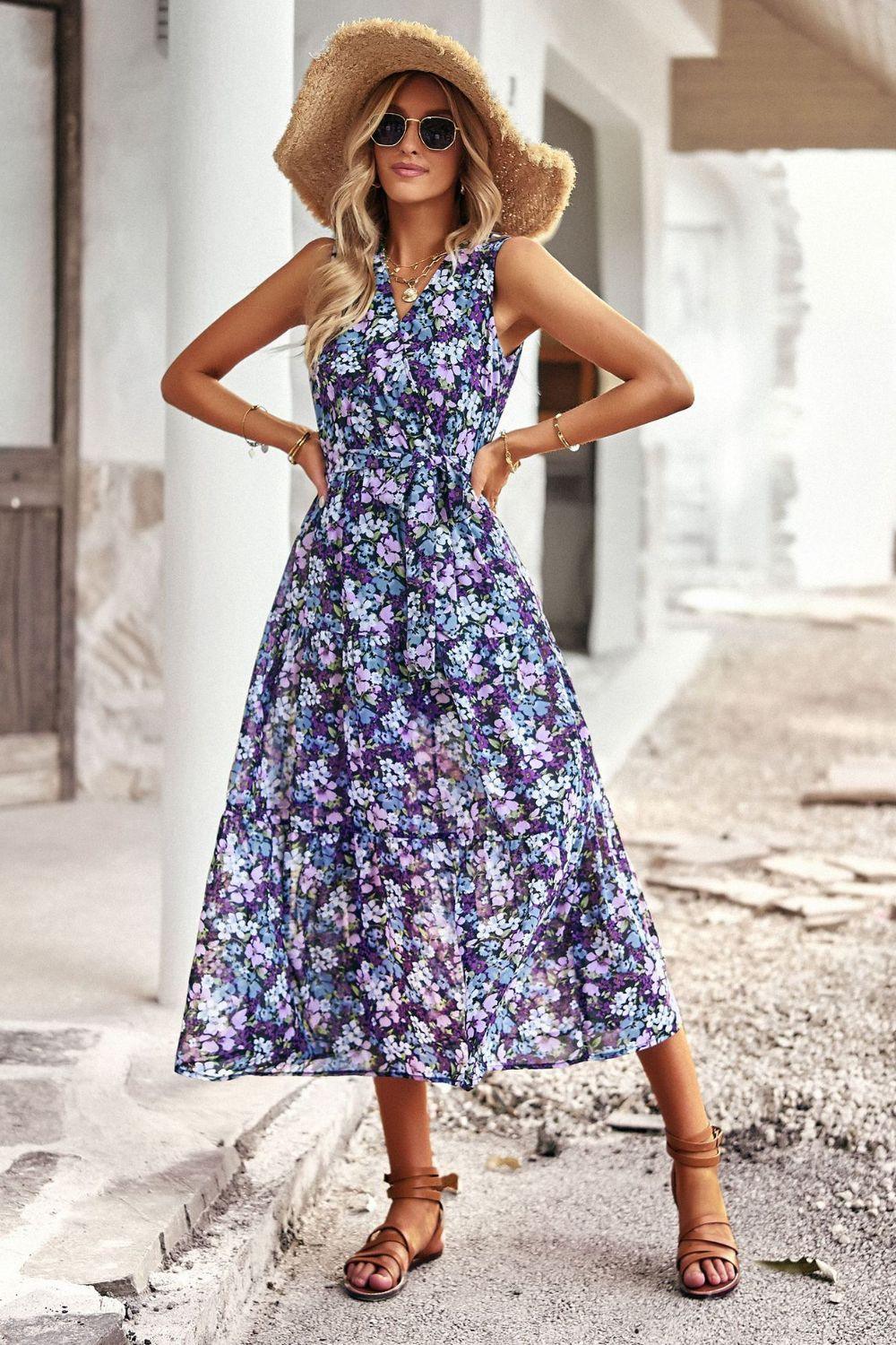 Floral Belted Surplice V-Neck Sleeveless Tiered Midi Dress - Dresses