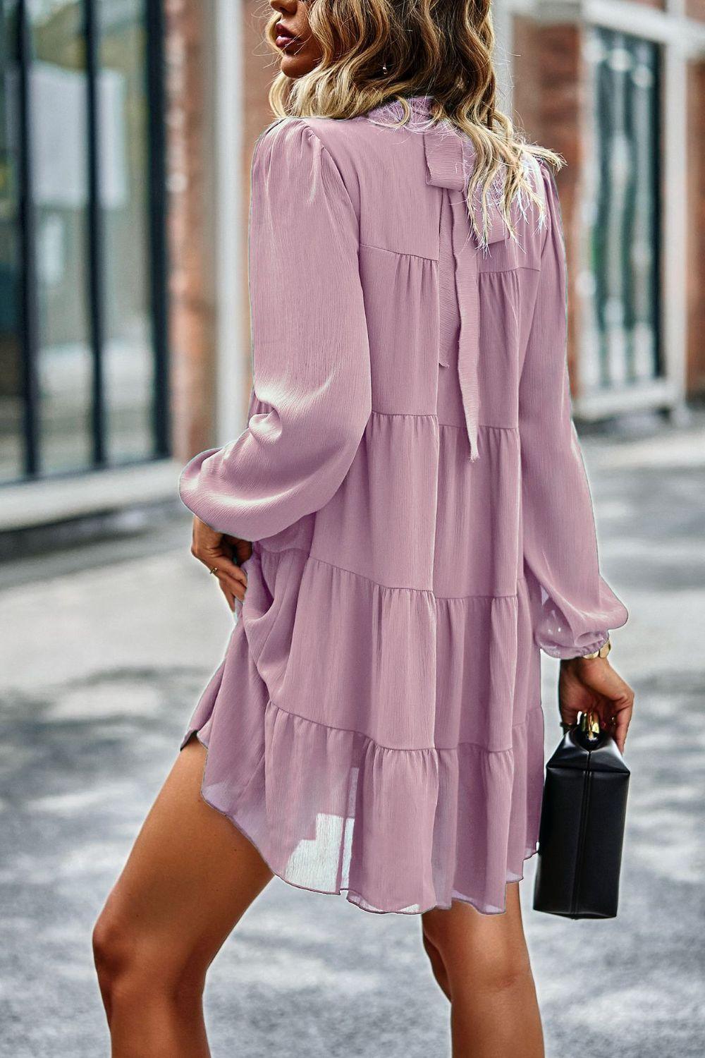 Tied Ruffle Collar Long Puff Sleeve Mini Dress - Dresses