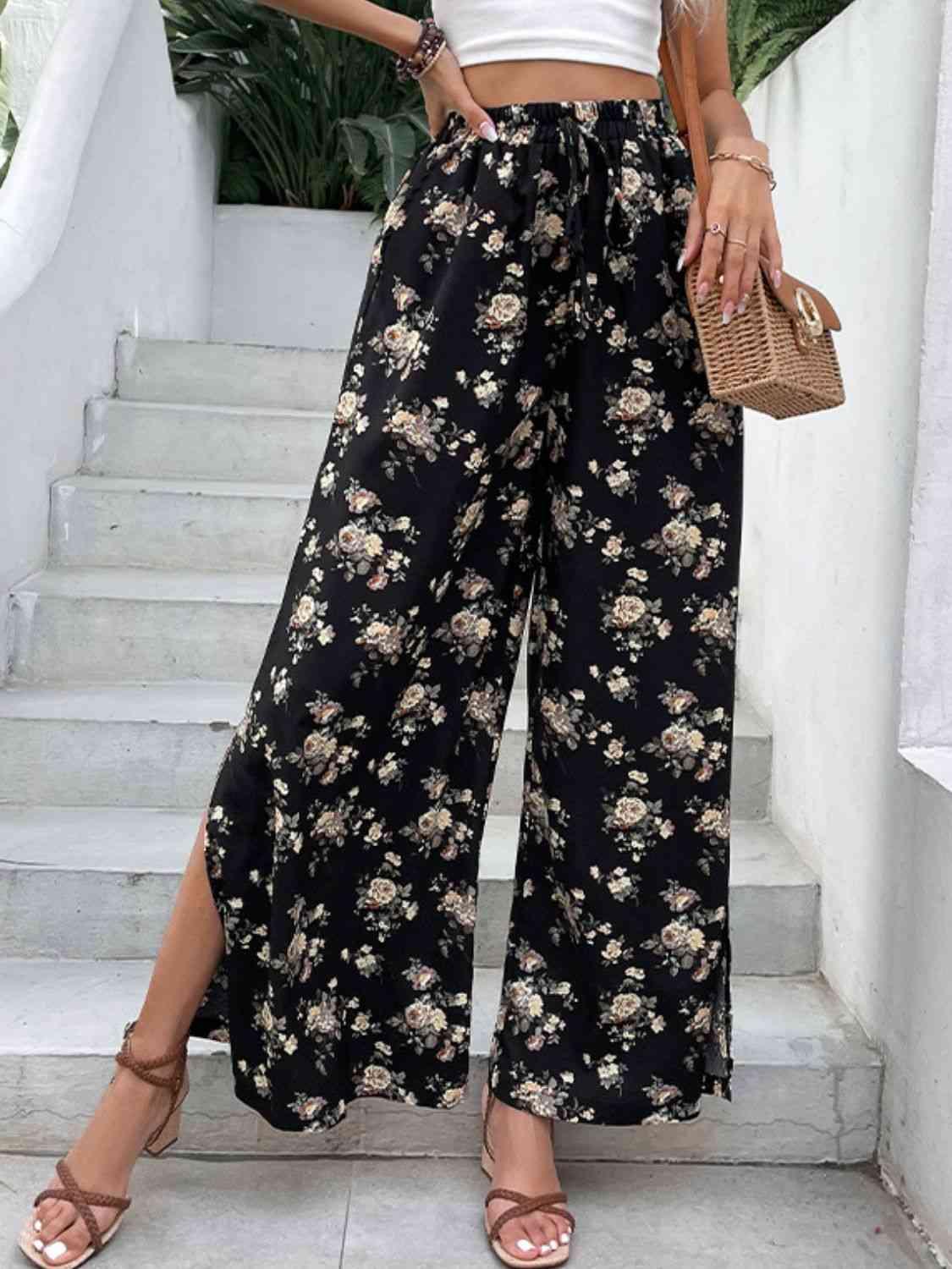 Floral Side Slit Wide Leg Pants - Pant