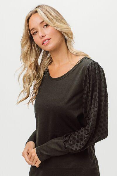 BiBi Round Neck Polka Dot Lantern Sleeve Top - Top