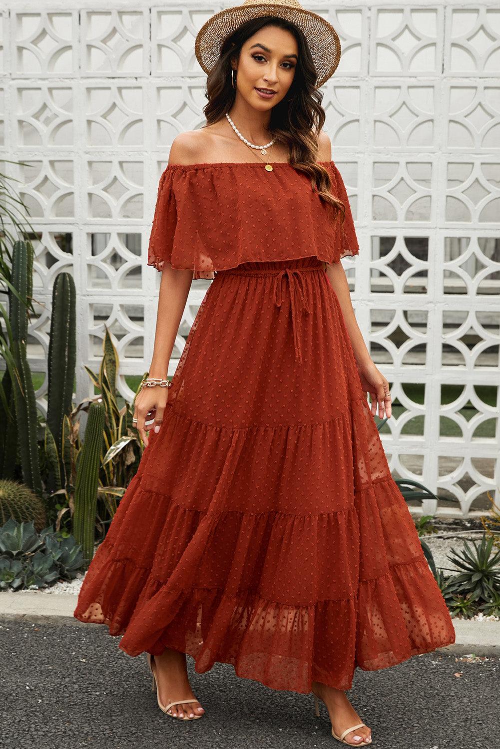 Swiss Dot Off-Shoulder Tiered Maxi Dress - Dresses