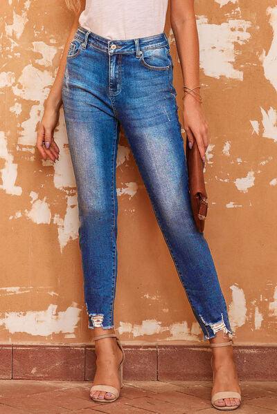 Distressed Raw Hem Skinny Jeans - Jeans