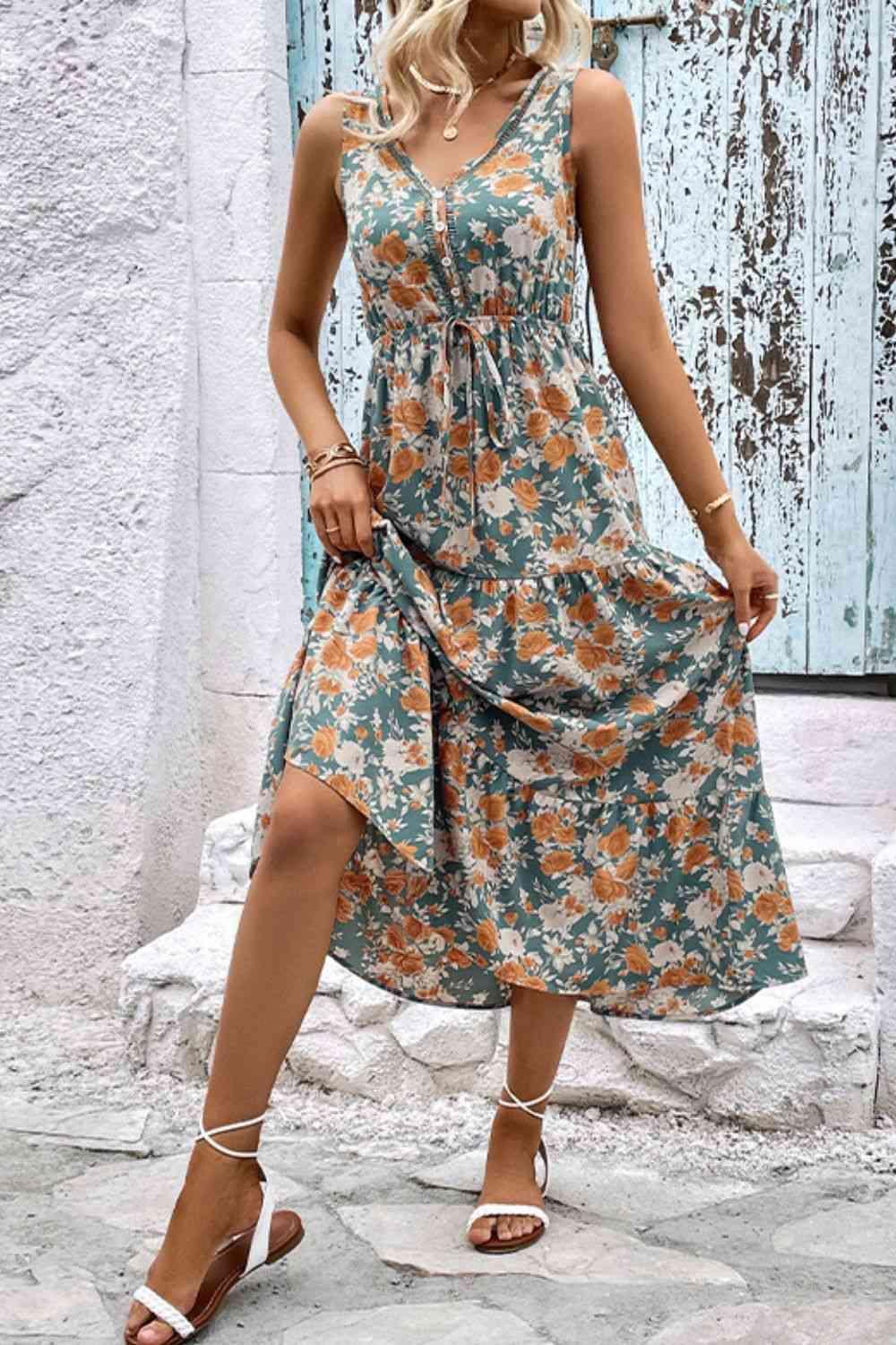 Floral V-Neck Tiered Sleeveless Midi Dress - Dresses