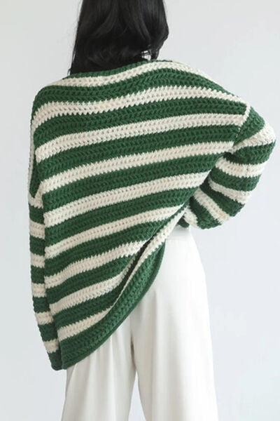 Striped Round Neck Dropped Shoulder Sweater - Sweater