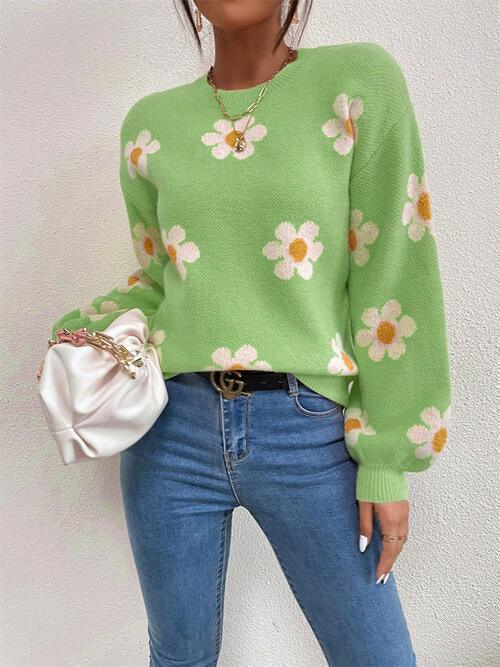 Flower Round Neck Latern Sleeve Sweater - Sweater