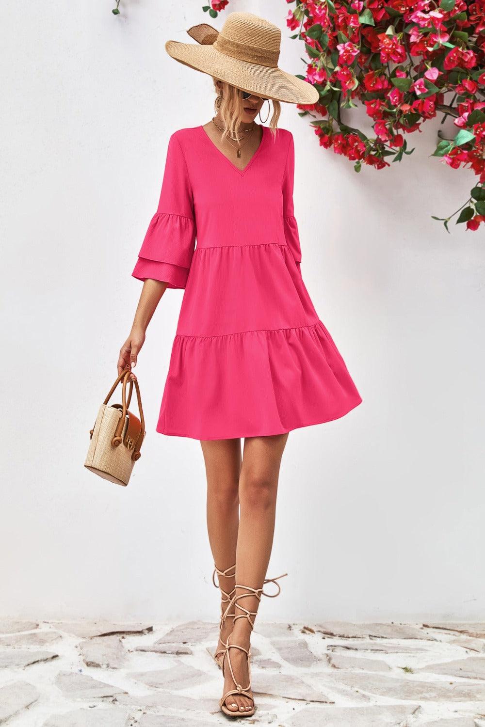 V-Neck Flare Sleeve Mini Dress - Dresses