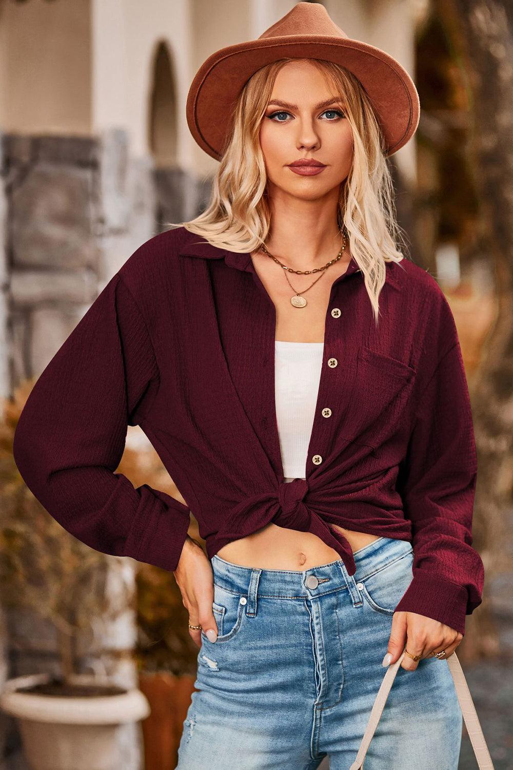 Twisted Collared Neck Long Sleeve Shirt - Shirt