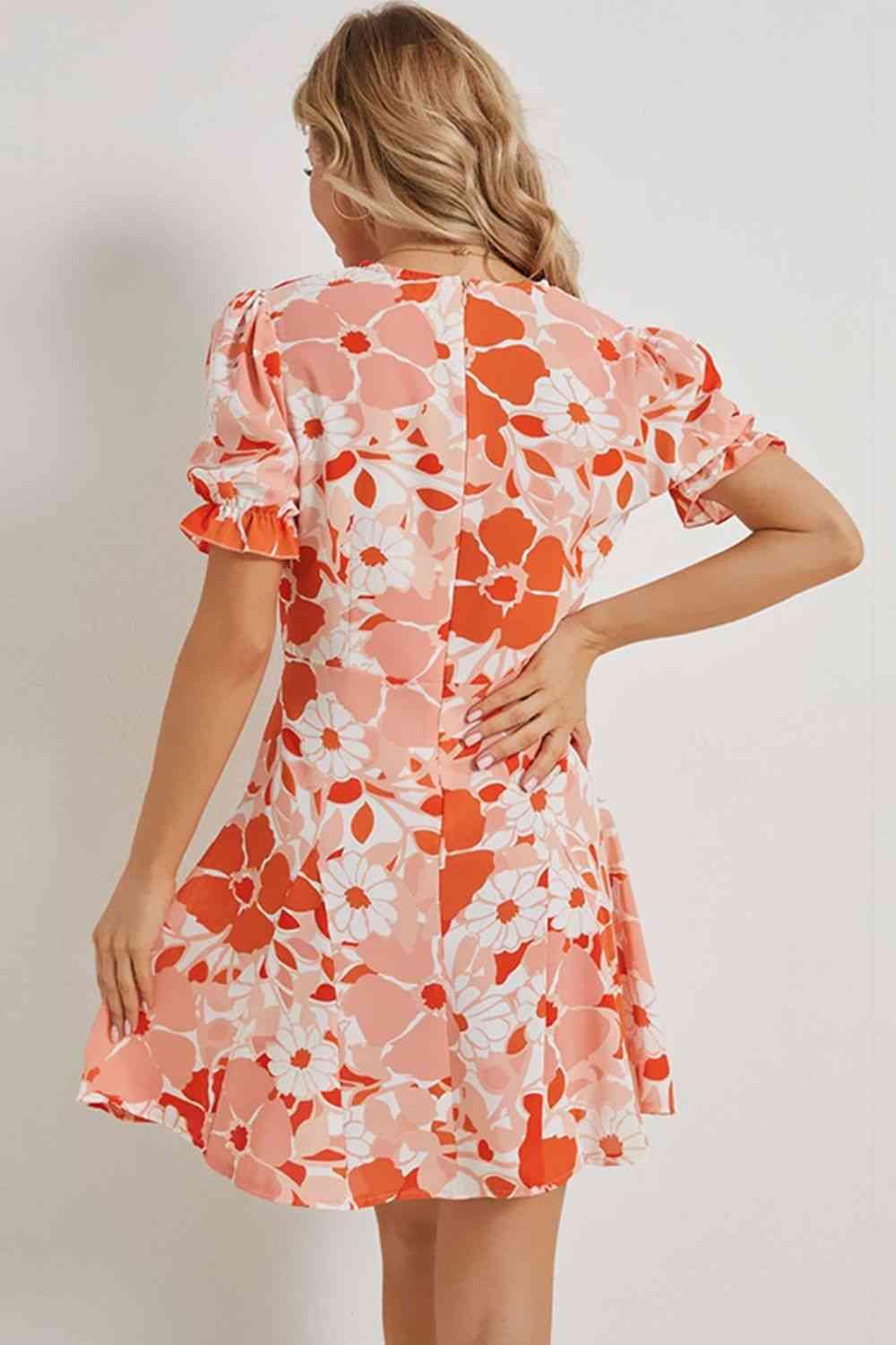 Floral Surplice Neck Flounce Sleeve Mini Dress - Dresses