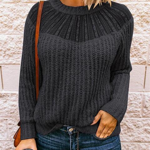 Round Neck Rib-Knit Pullover Sweater - Sweater