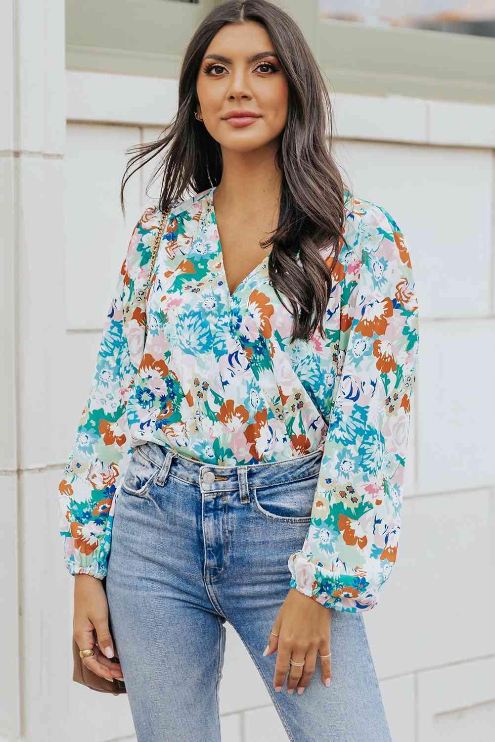 Floral Long Balloon Sleeve Bodysuit - Bodysuit