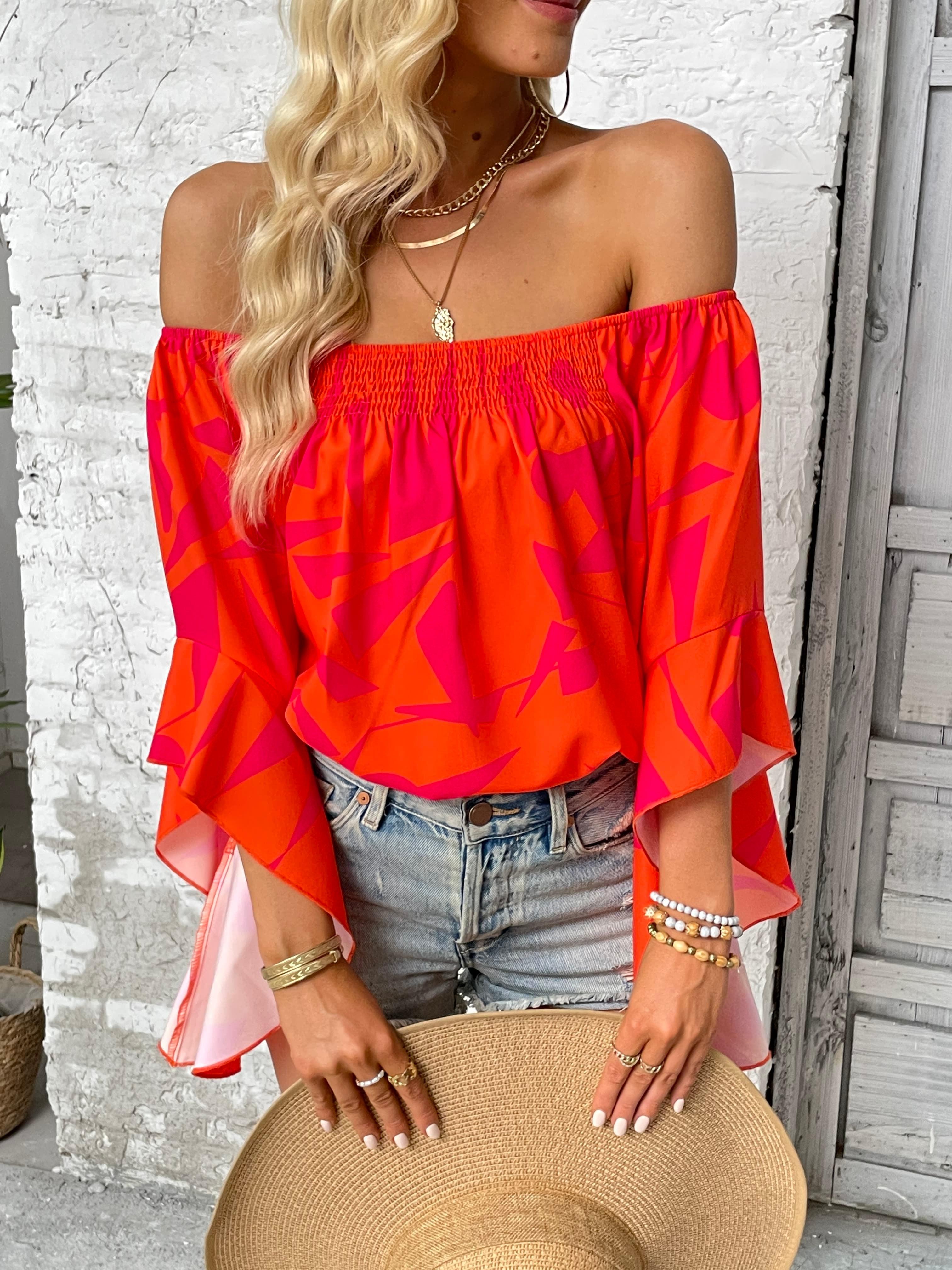 Geometric Off-Shoulder 3/4 Flounce Sleeve Smocked Blouse - Blouse