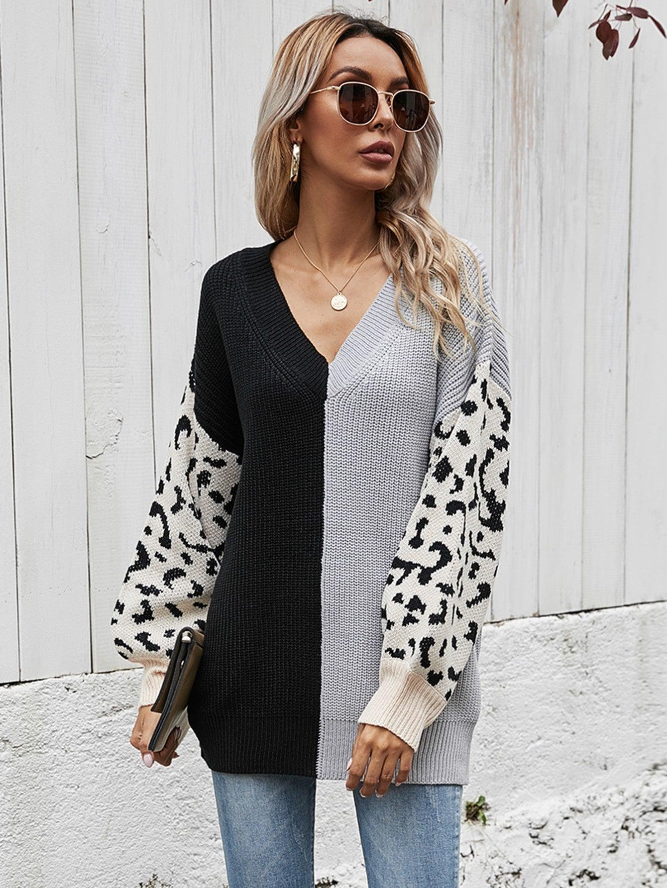 Woven Right Leopard Color Block V-Neck Tunic Sweater - Sweater