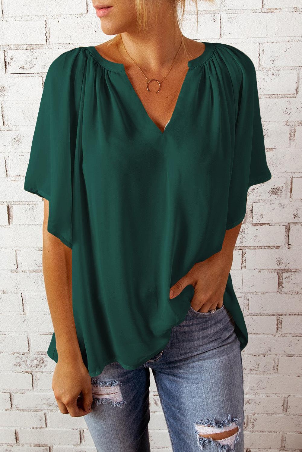 Gathered Detail Notched Neck Flutter Sleeve Blouse - Blouse