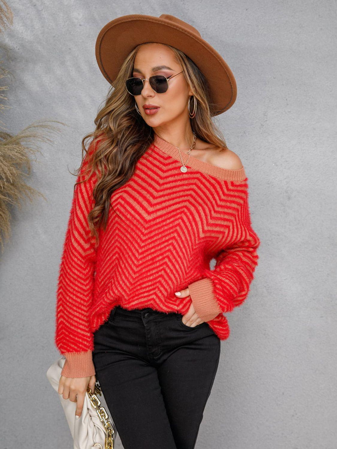 Plush Chevron Round Neck Sweater - Sweater