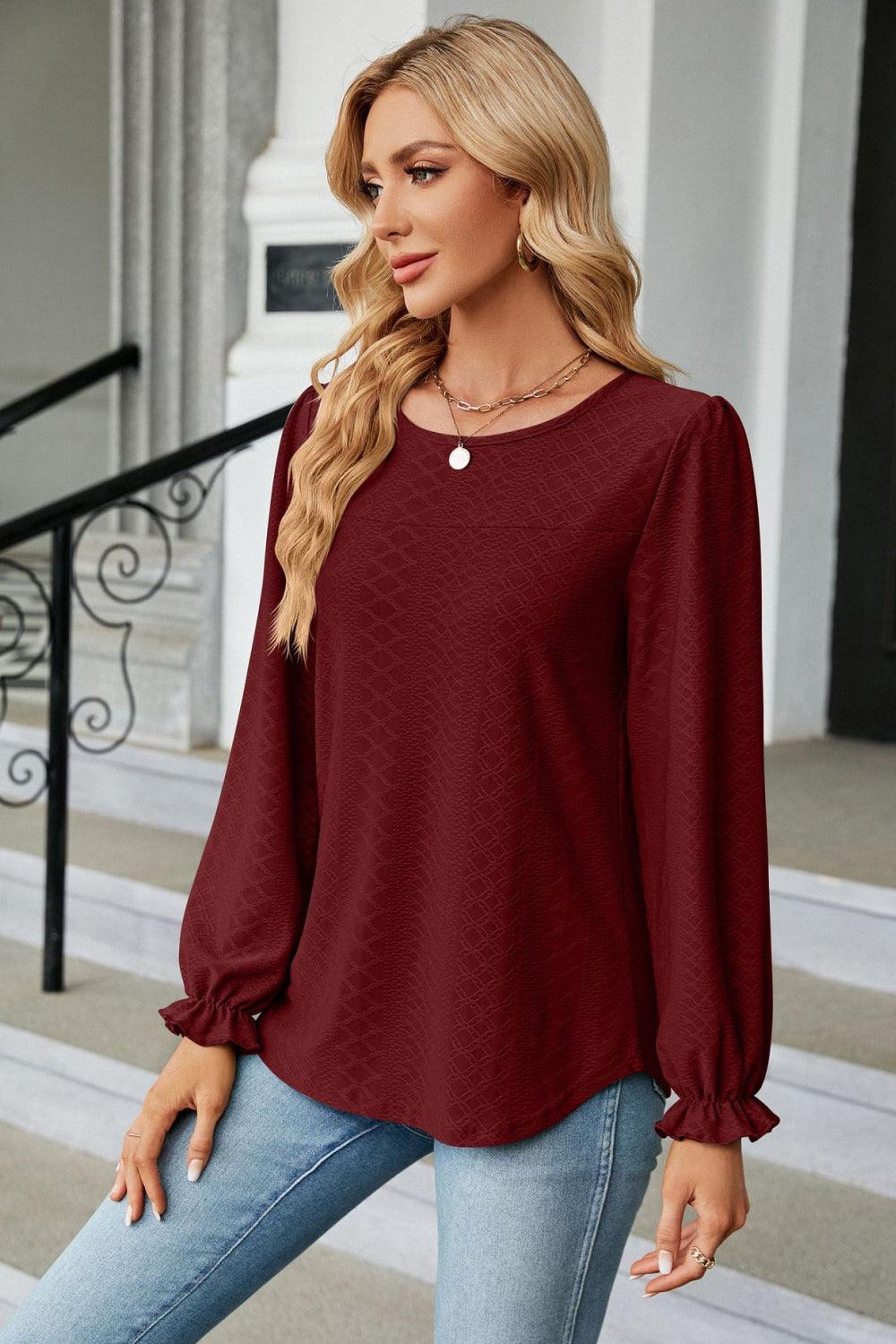 Round Neck Long Flounce Sleeve Top - Top