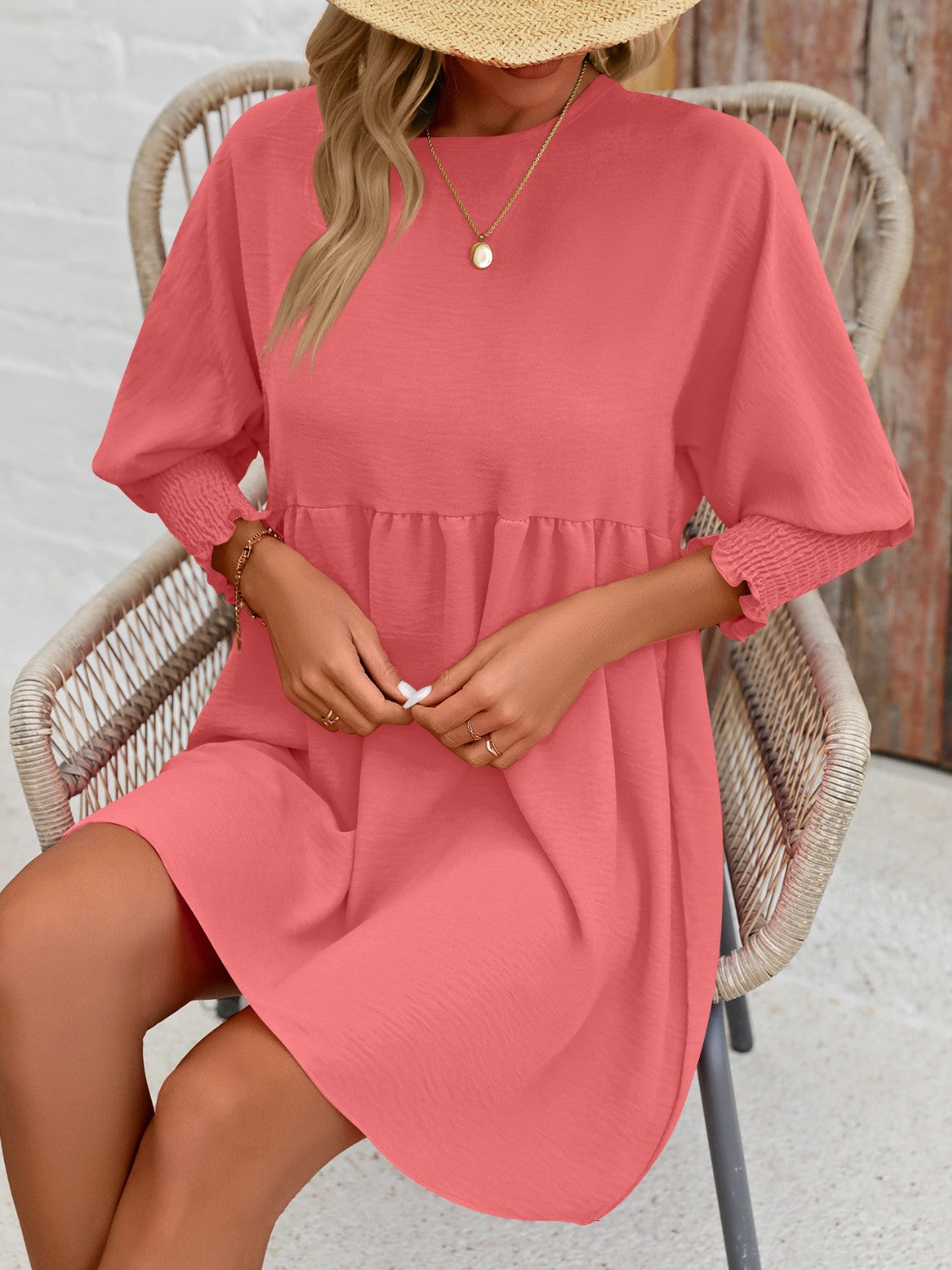 Round Neck Long Lantern Sleeve Mini Dress