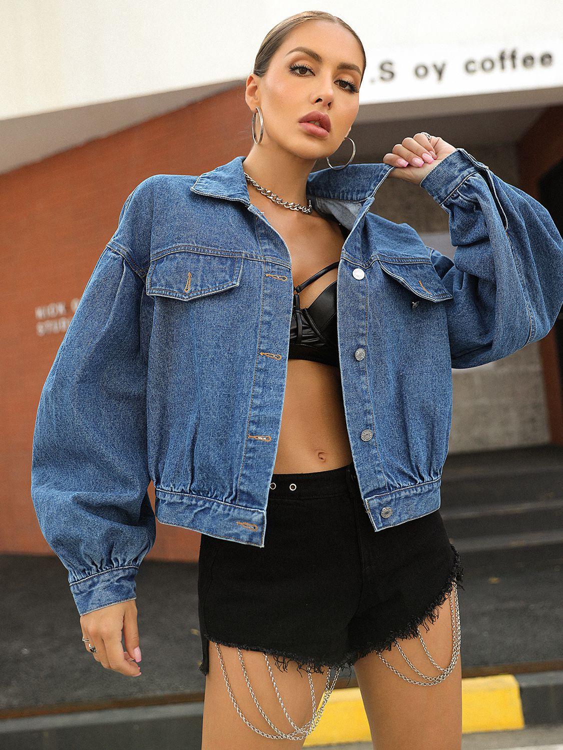 Dropped Shoulder Balloon Sleeve Denim Jacket - Jacket