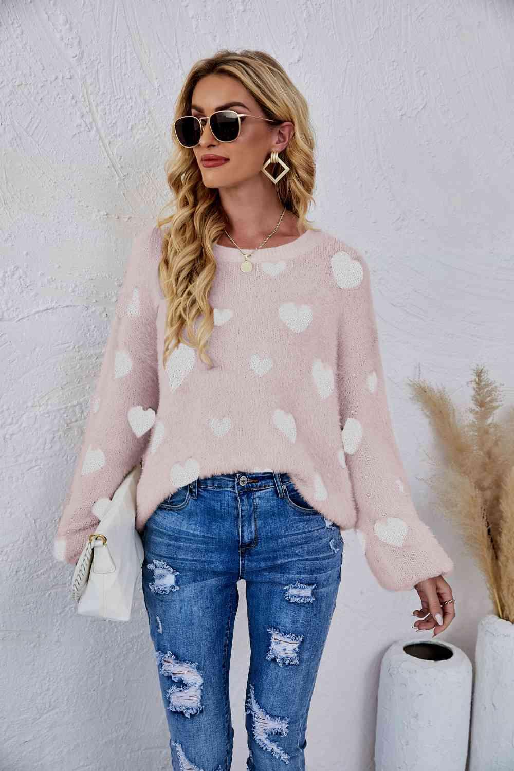 Woven Right Heart Print Fuzzy Sweater - Sweater