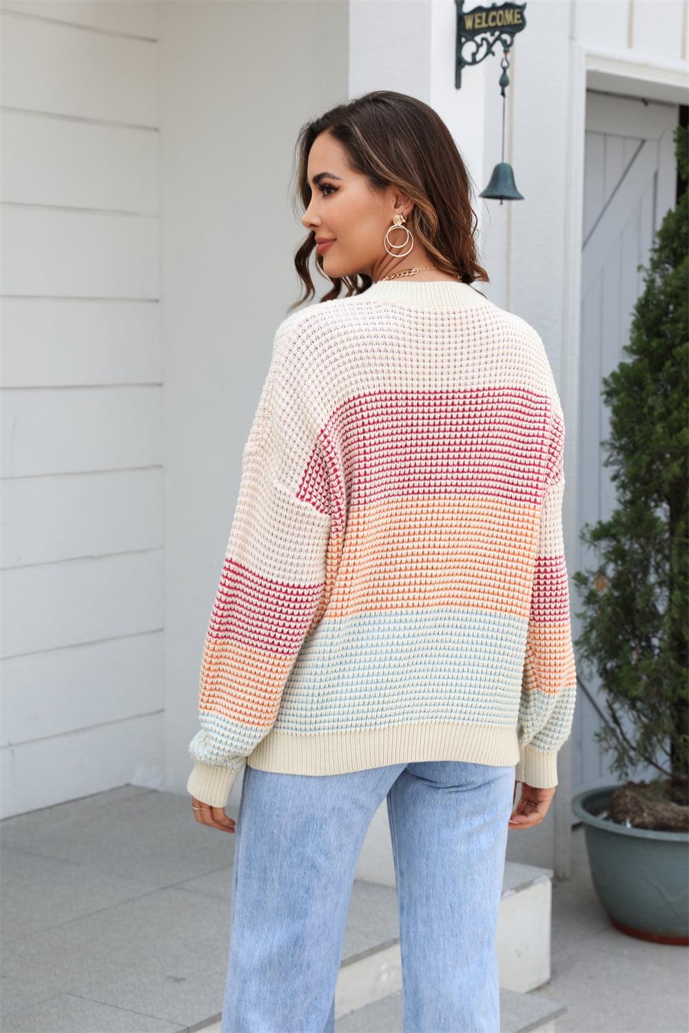 Waffle-Knit Round Neck Color Block Sweater - Sweater