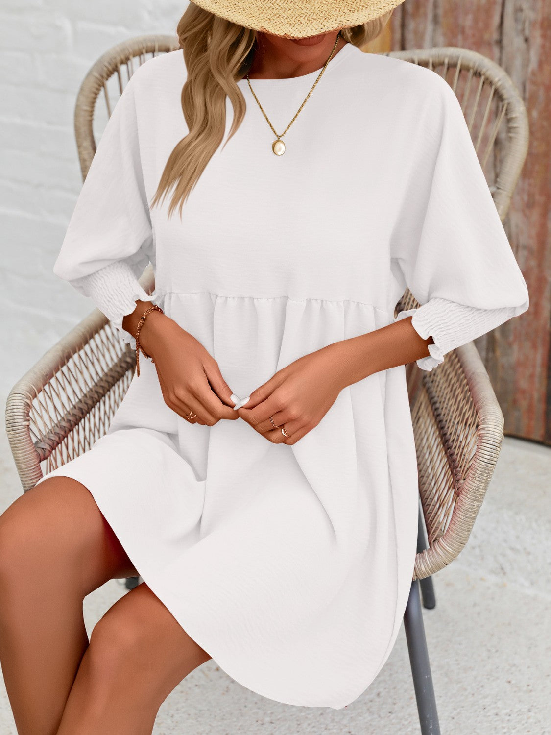 Round Neck Long Lantern Sleeve Mini Dress