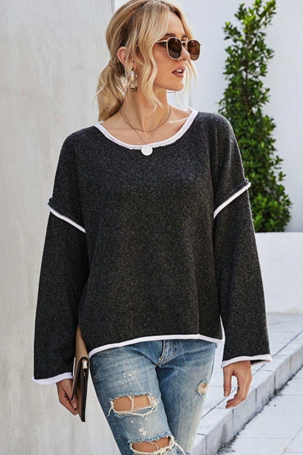 Round Neck Dropped Shoulder Wide Sleeve Sweater - Sweater
