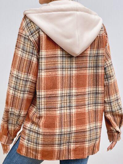 Plaid Button Up Drawstring Hooded Shacket - Jacket