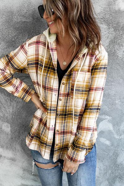 Plaid Button Up Hooded Shacket - Jacket