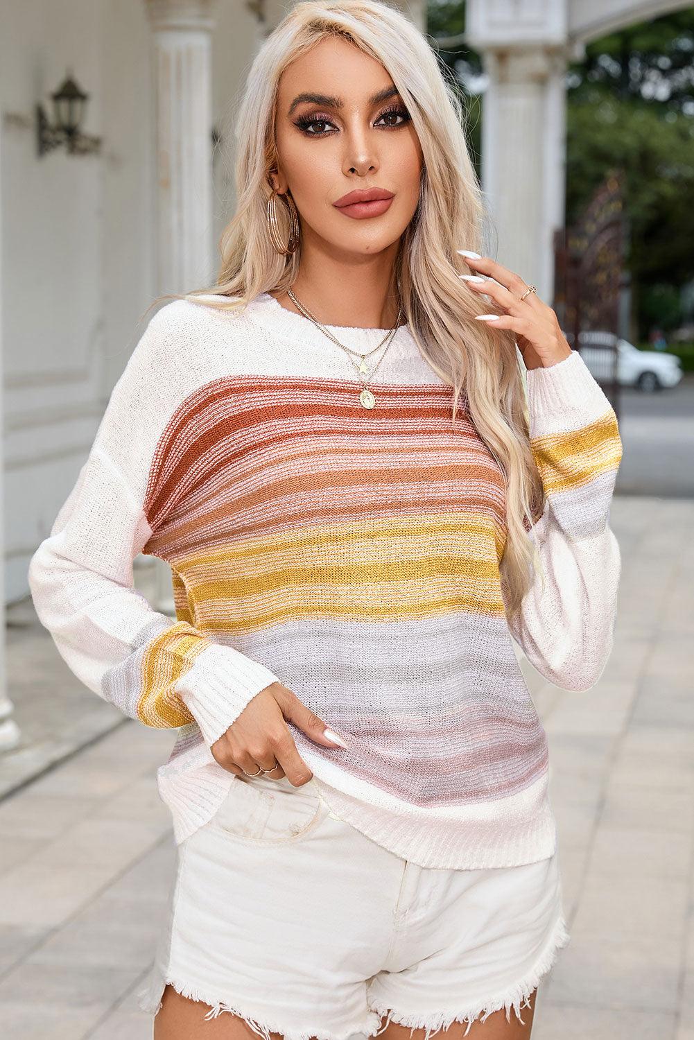 Round Neck Printed Striped Knit Top - Top