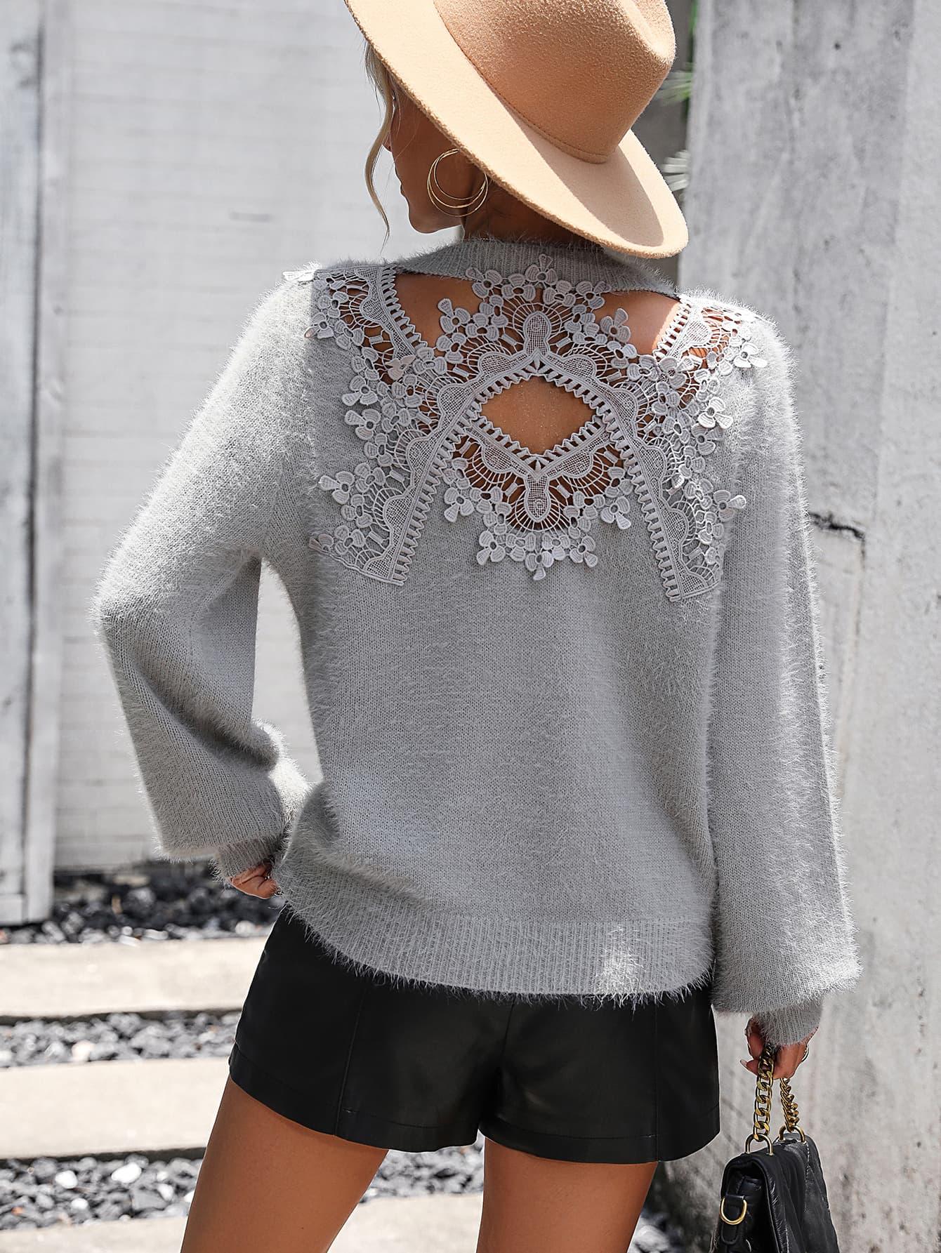 Lace Detail Cutout Long Sleeve Plush Sweater - Sweater