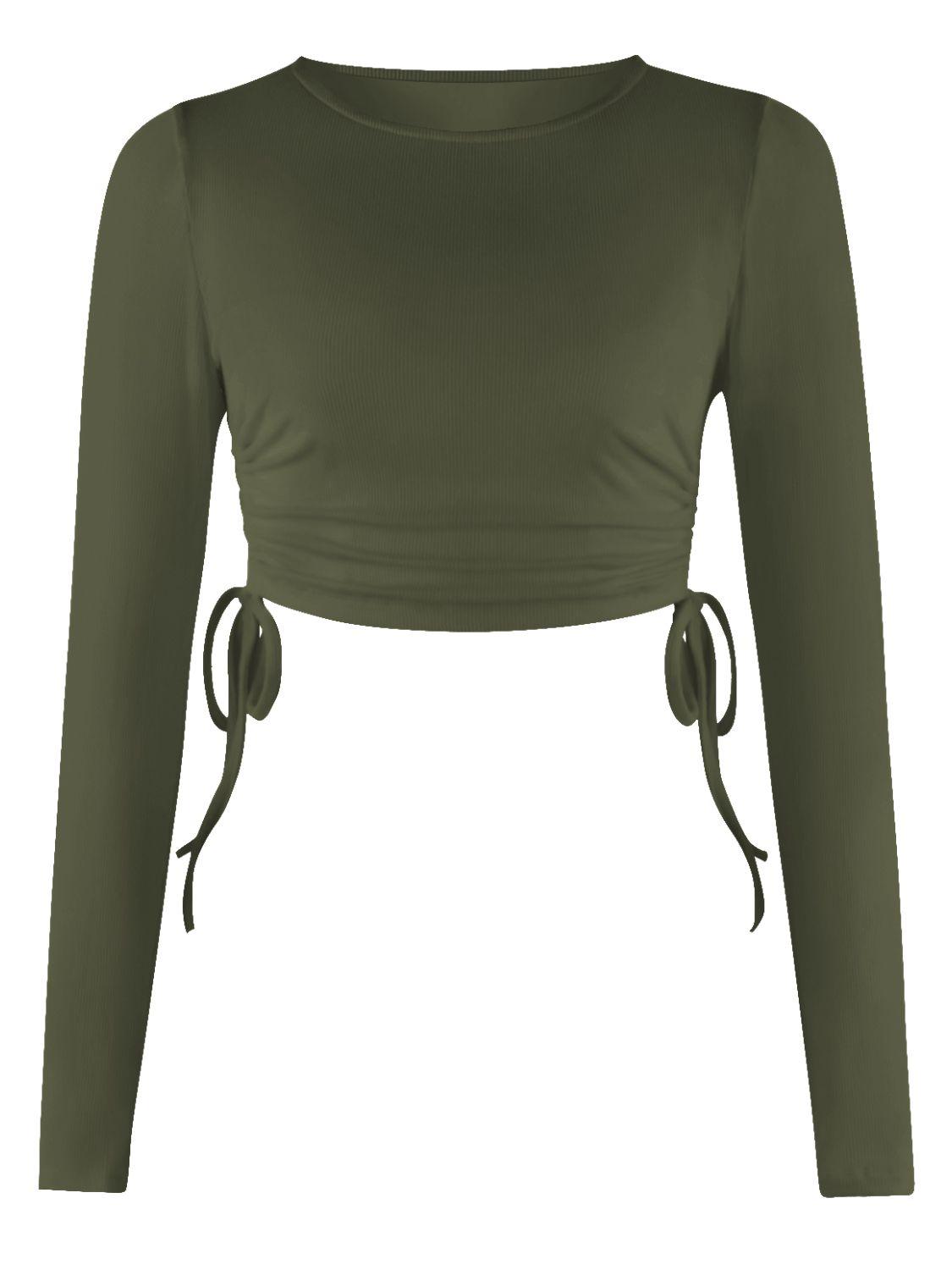 Cropped Drawstring Round Neck Long Sleeve Top - Top