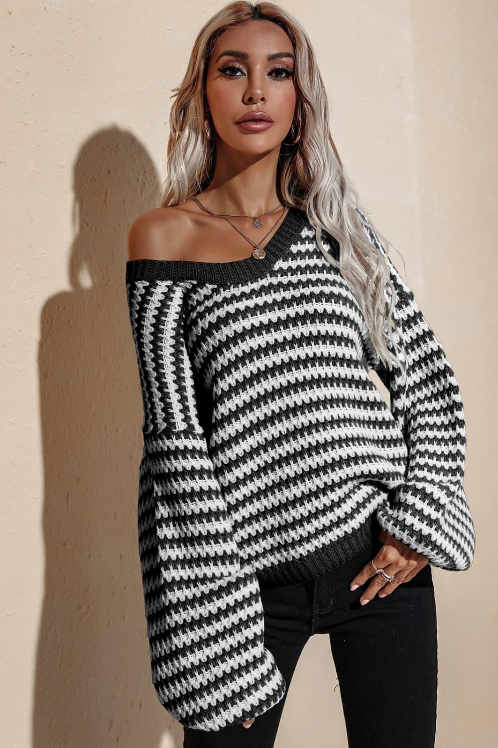 Striped V-Neck Dropped Shoulder Sweater - Sweater