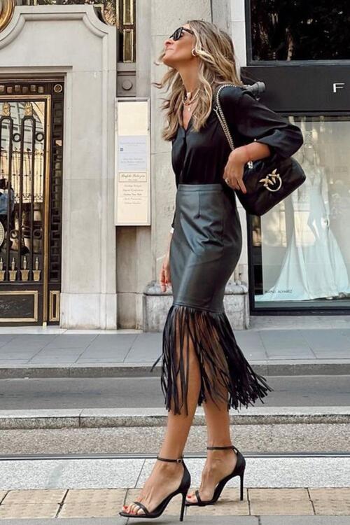 High Waist Fringe Hem Midi Skirt