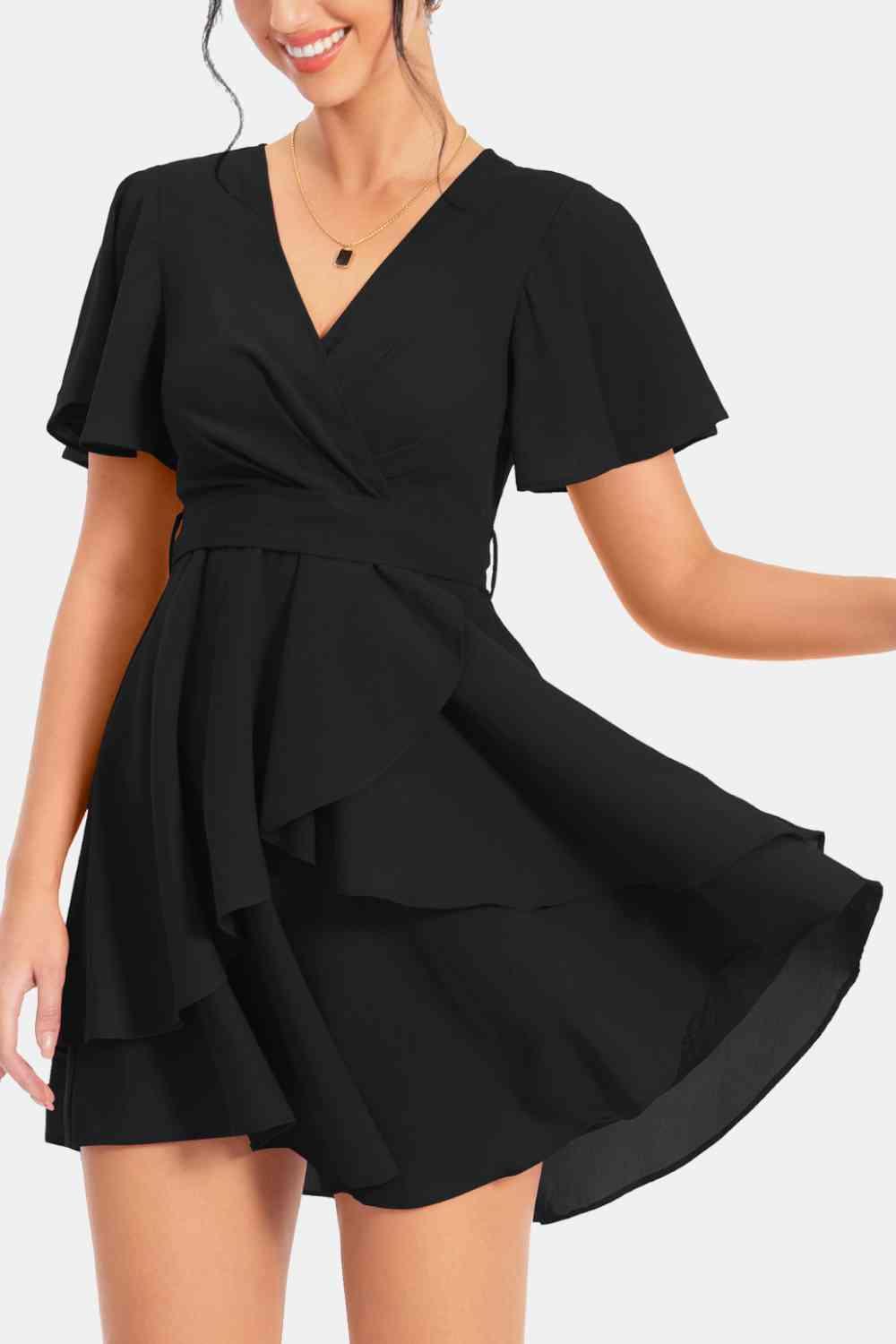 Surplice Neck Flutter Sleeve Mini Dress - Dresses