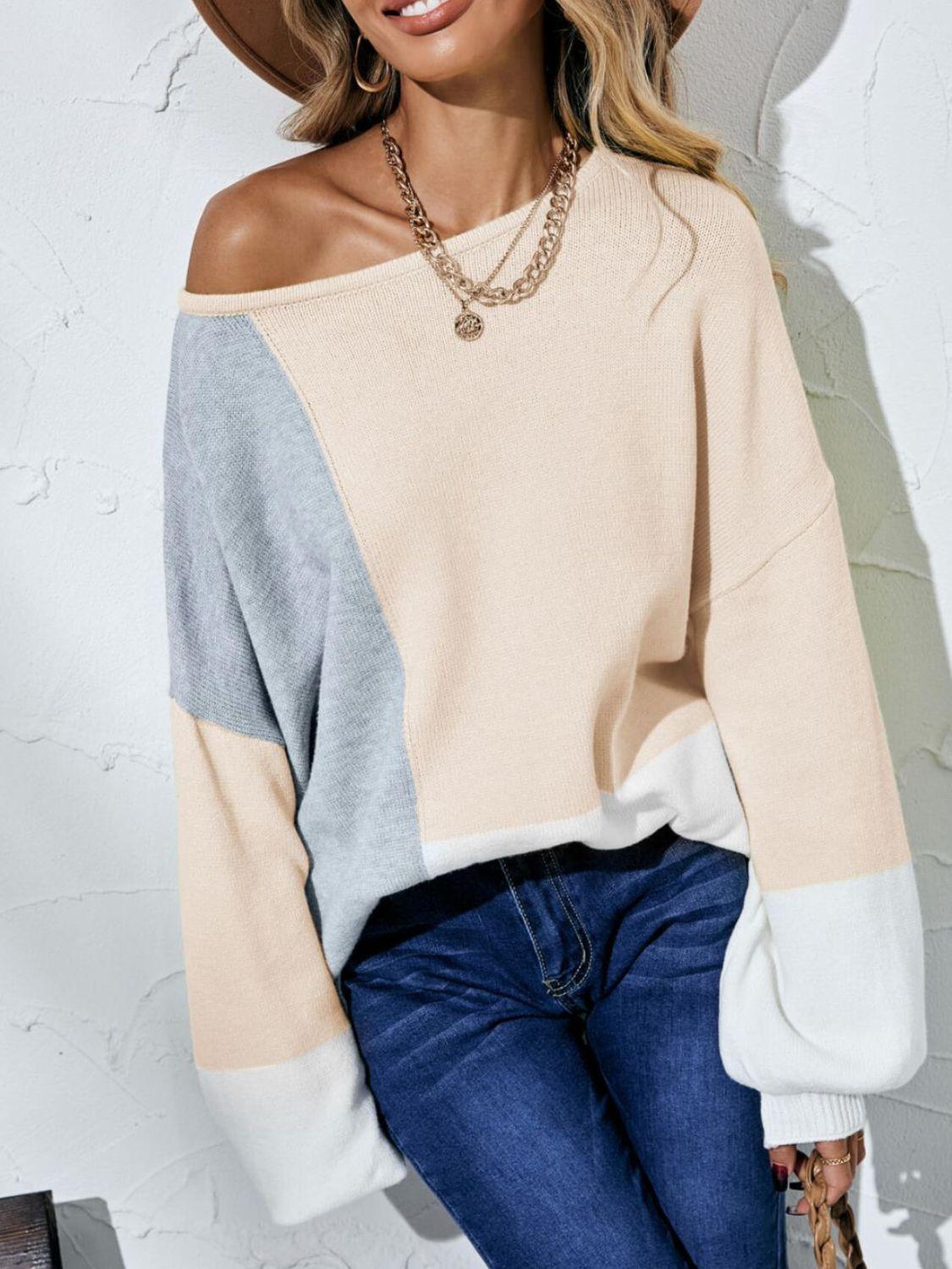 Color Block Balloon Sleeve Boat Neck Sweater - Sweater