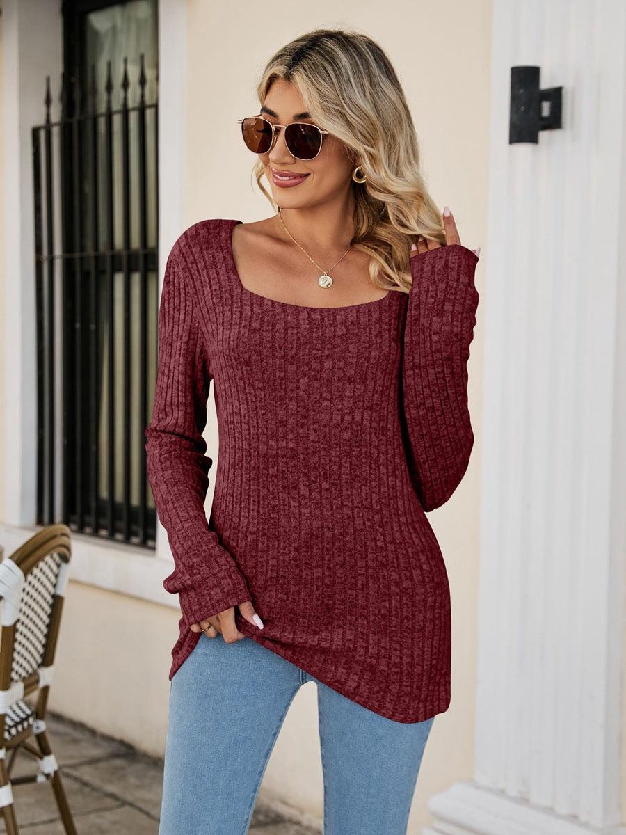 Square Neck Ribbed Long Sleeve Top - Top